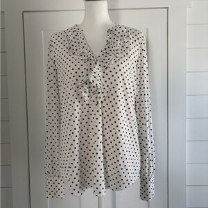 White House Black Market White and Black Polka Dot Ruffle Button-Down Blouse